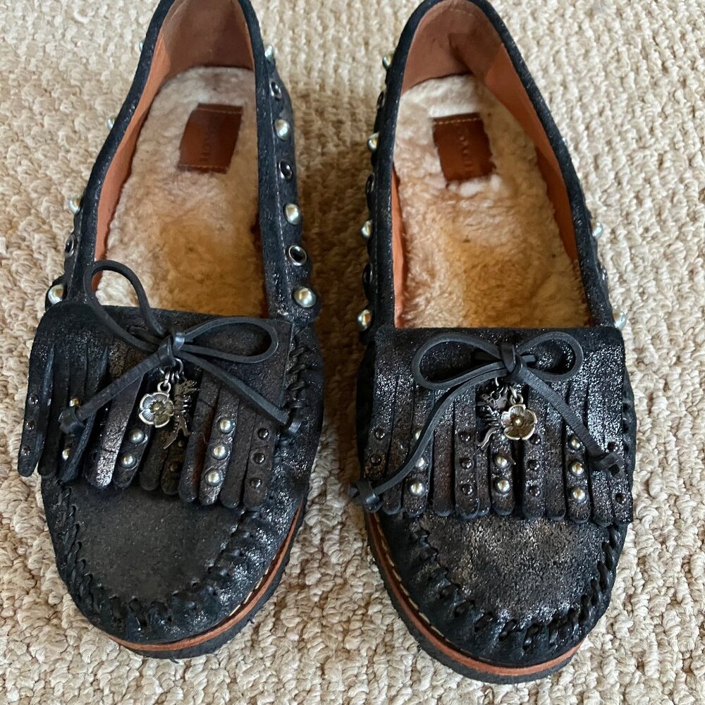 COACH Black Suede Roccasin Charms T-Rex Moccasins 10 Slip on Shearling Cozy - Picture 1 of 8